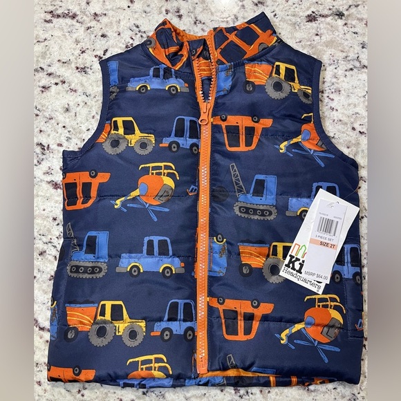 NWT Kids Headquarters Puffer Vest Size 2T Construction Print Full Zip Blue - Picture 1 of 8